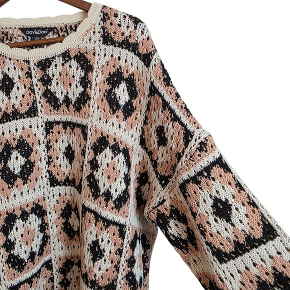 Davis & Dani Womens 1XL Tan Black Cream Geometric Open Knit Sweater - Picture 9 of 17